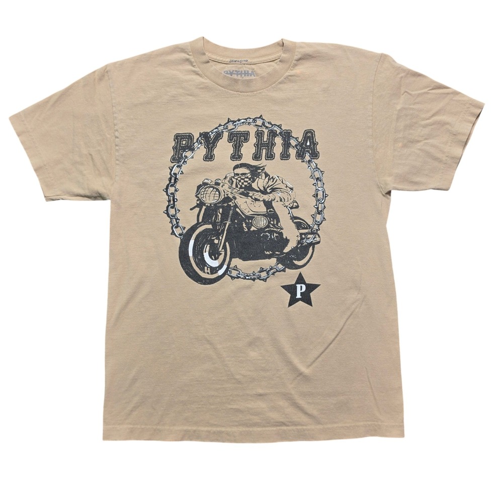 Indie Grunge Biker T-Shirt Mens Large Tan Graphic Motorcycle Chain Star